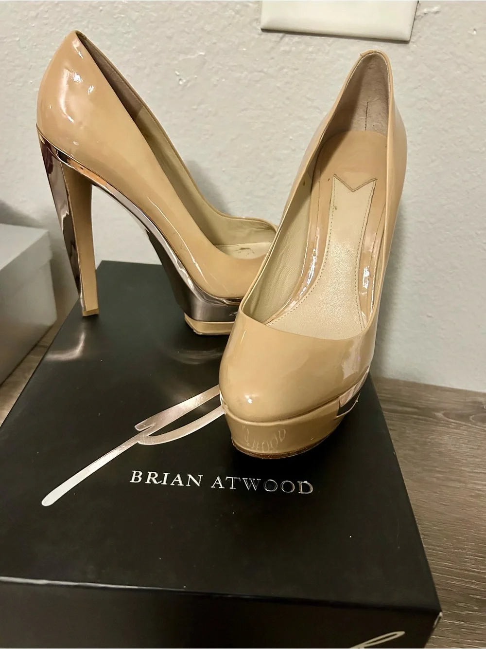 Brian Atwood Nude Patent Platform High Heels - Women's Pumps